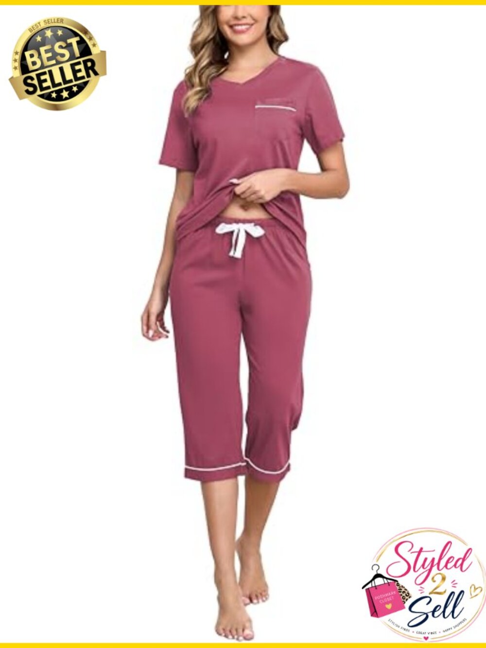 Women's 100% Cotton Pajama Set Short Sleeve Top Capri Pants Pjs